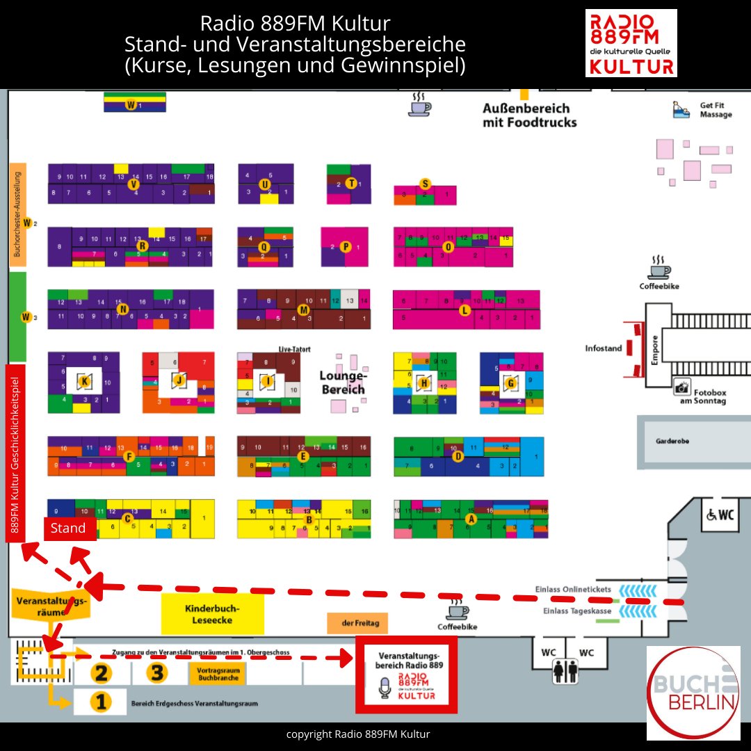 Radio 889FM Kultur auf der Buch Berlin 2025 – unser Hallenplan. Folge den Pfeilen! Und Du kommst direkt zu uns.
