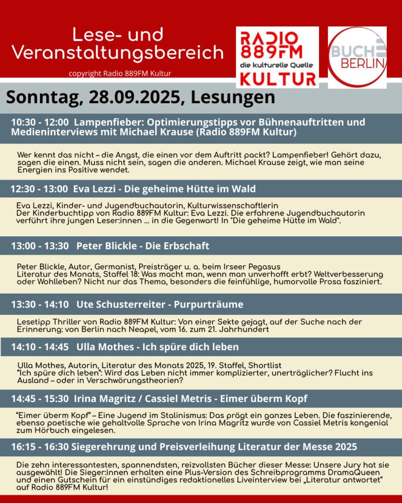 Radio 889FM Kultur und die Buch Berlin 2025, unsere Veranstaltungen/Lesungen am 28.9.2025